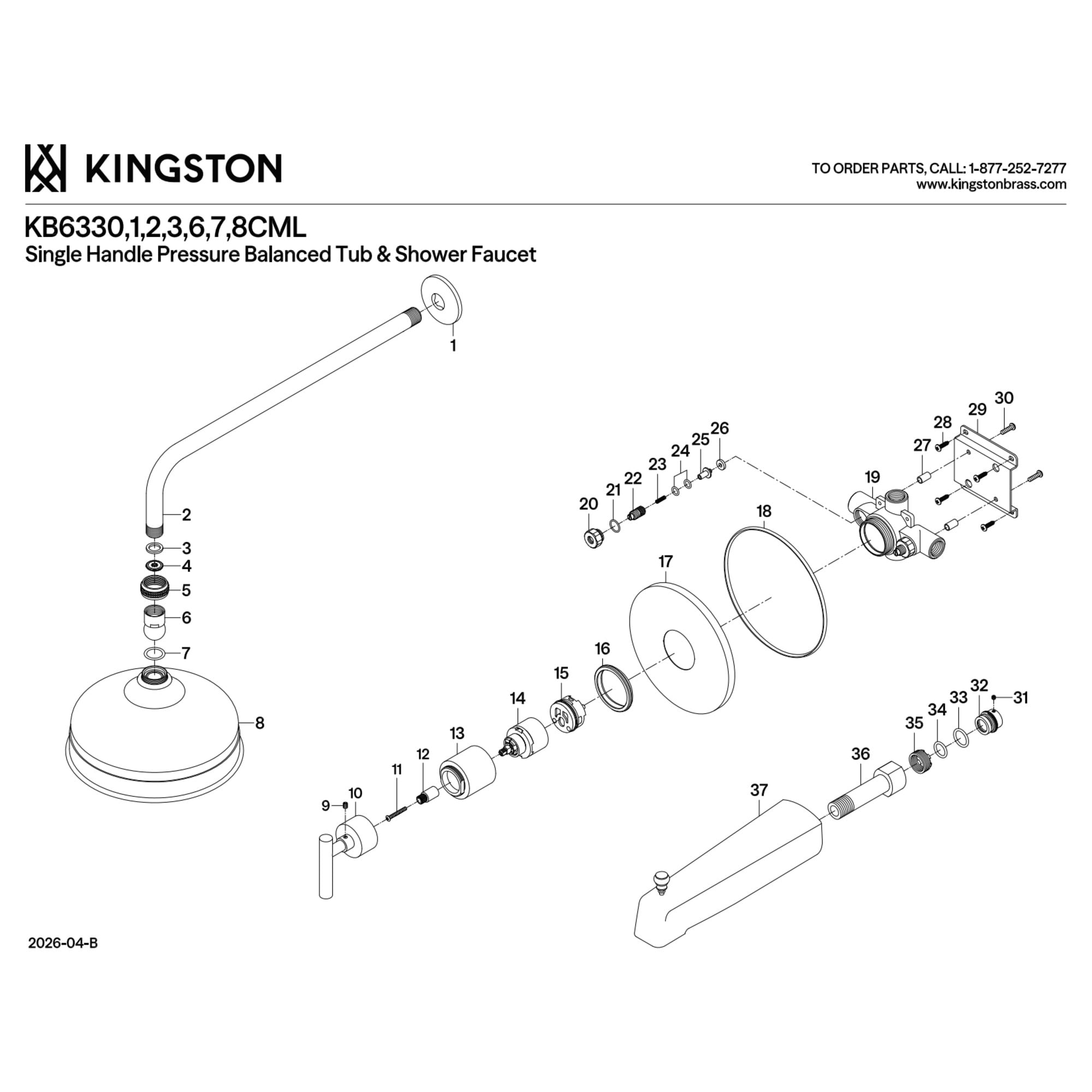 Kingston Brass KB6336CML Manhattan Single-Handle Pressure Balanced Tub and Shower Faucet in Polished Nickel