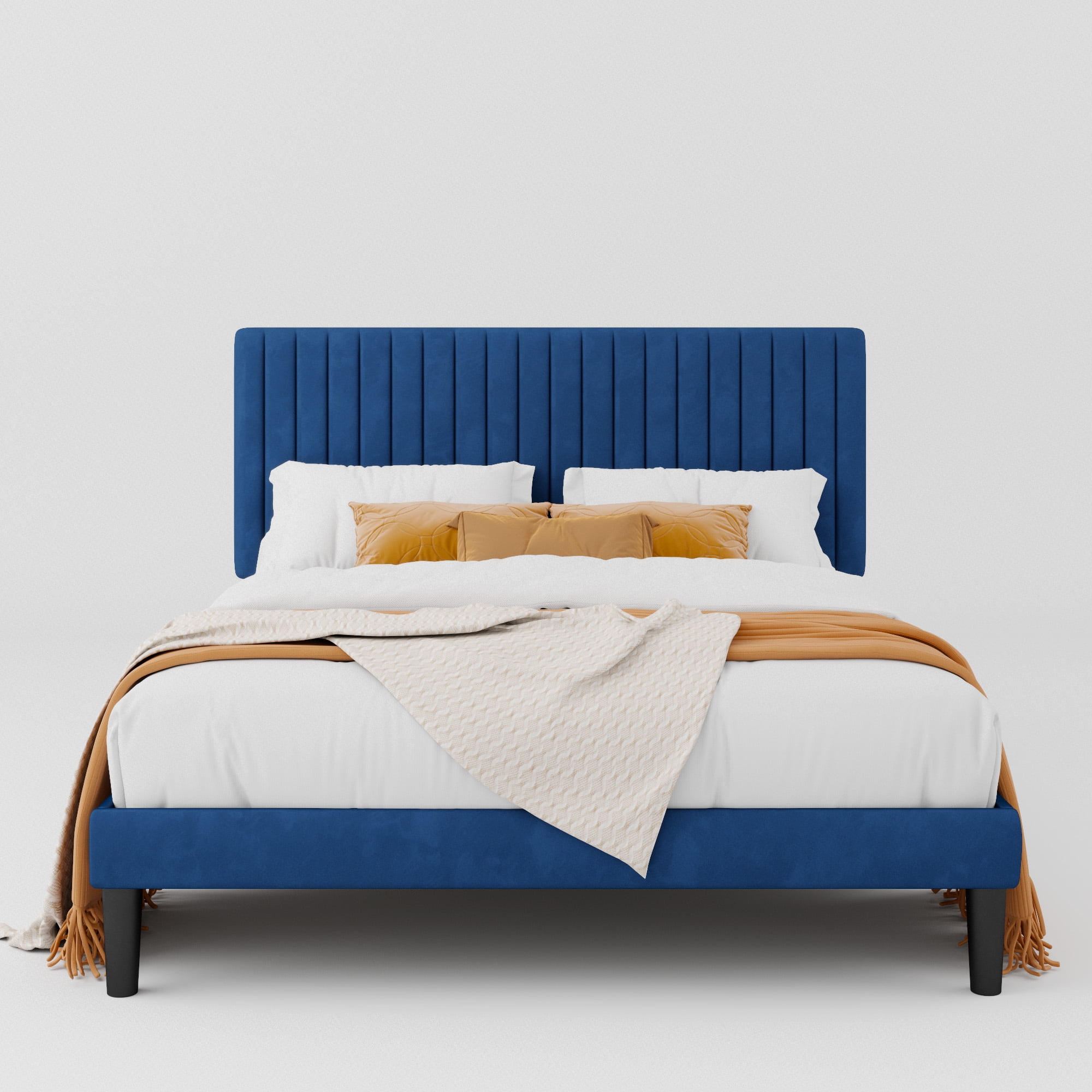 Allewie Queen Size Velvet Upholstered Platform Bed Frame with Adjustable Vertical Channel Tufted Headboard, Navy Blue