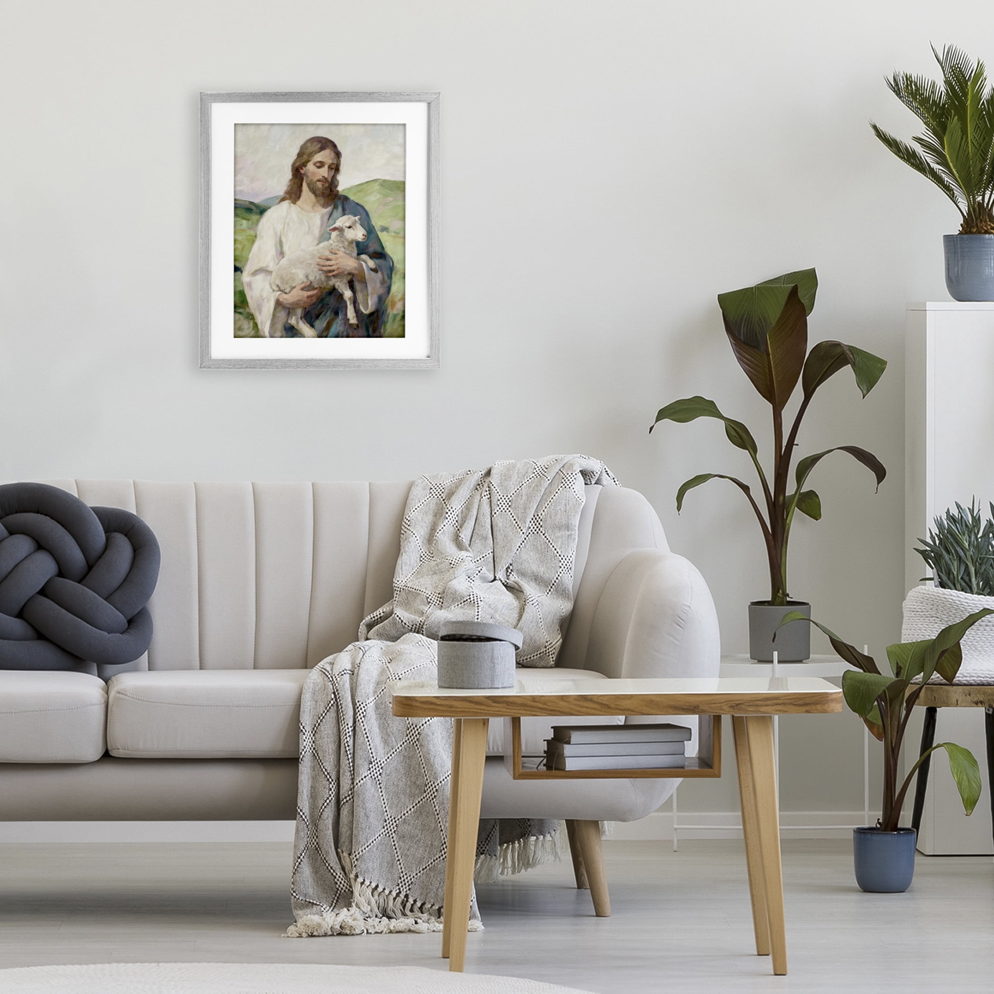 Stupell Industries Little Lamb & Spiritual Figure Gray Framed Print Under Glass, design by Kim Allen