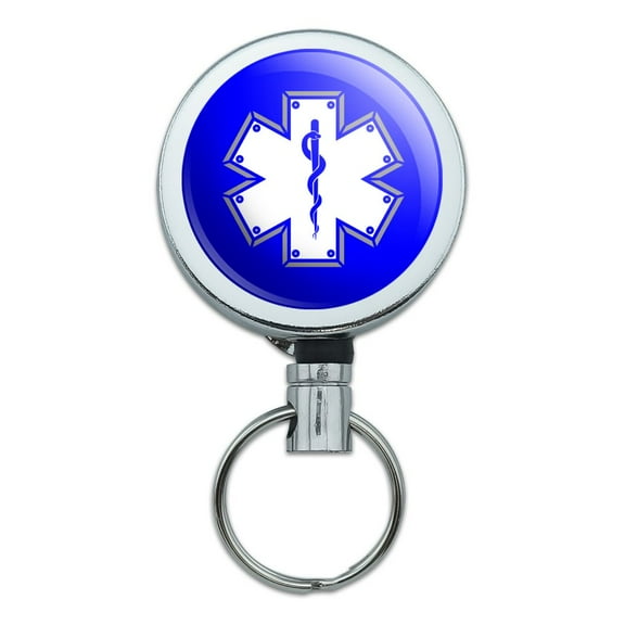 Star Of Life Medical Health EMT RN MD Heavy Duty Metal Retractable Reel ID Badge Key Card Tag Holder with Belt Clip