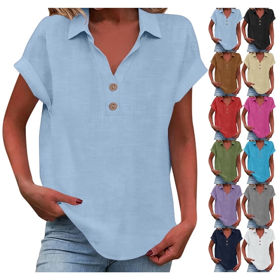 Kelon Womens Blouses Short Sleeve Shirts V Neck Linen Cotton Dressy Casual Work Blouses Fashion Boho Clothes, S