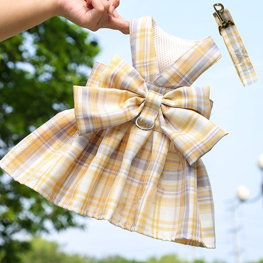 BURIBURI Dog Cat Harness with Leash Set, Doggy Dress Plaid Puppy Girl Skirt with Lead Rope, Cute No Pull Comfort Dog Harness Breathable Lightweight Vest Jacket for Rabbits Outdoor Training Walking
