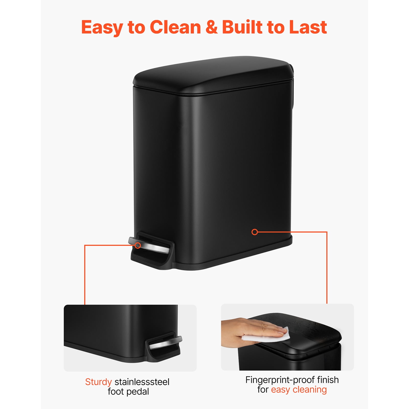 KFFKFF Slim Bathroom Trash Can, 11.4 x 5.71 x 10.7 Inch Compact Trashcan with Step Pedal & Quiet-Close Lid, 6L Steel Bin with Removable Inner Container, for Kitchen, Home, Dorm, Office, Black