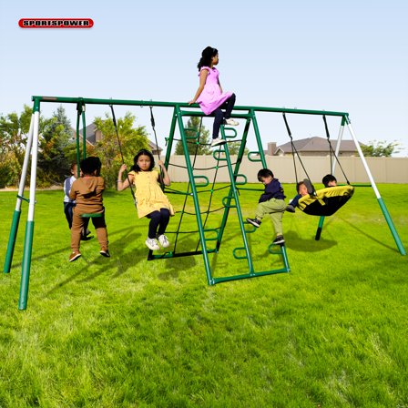 Sportspower Swing Climb & Glide Metal Swing Set 6 in 1 with Heavy-Duty A-Frame, Belt Swing, Glider, Saucer, Climbing & Net Ladders, for Ages 3-8