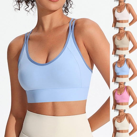 Miluxas Double Spaghetti Straps Sports Bra for Women Trendy Contrast Trim Running Bra Criss Cross Back Workout Tops White