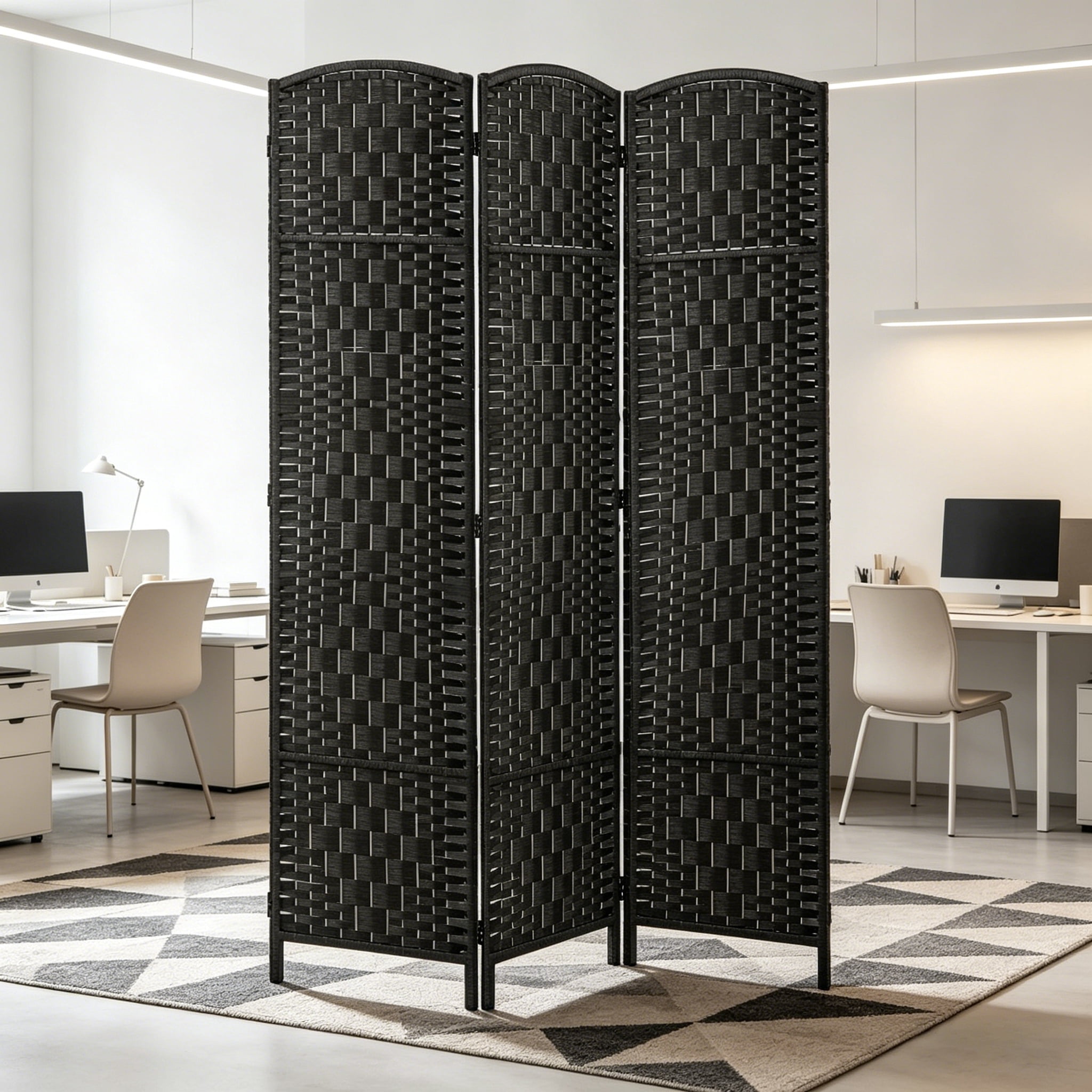 3-Panel Folding Room Divider, Wicker Woven Privacy Screen with Arched Top, Solid Poplar Wood Frame, Lightweight Portable Partition for Home Decor, Coffee
