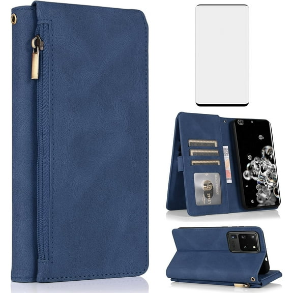 Asuwish Phone Case for Samsung Galaxy S20 Ultra 5G Wallet Mobile Cell Cover with Tempered Glass Screen Protector Flip Zipper Stand Card Holder Slot S20ultra 20S S 20 A20 S2O 20ultra G5 Women Men Blue