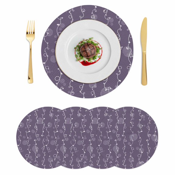 Vintage Lines Round 15 Inch Placemats Set of 4, White Lines Abstarct Minimalist Art Purple HeatResistant Non Slip Place Mats for Dining Table, Wipeable Braided Kitchen Table Mats for Housewarming