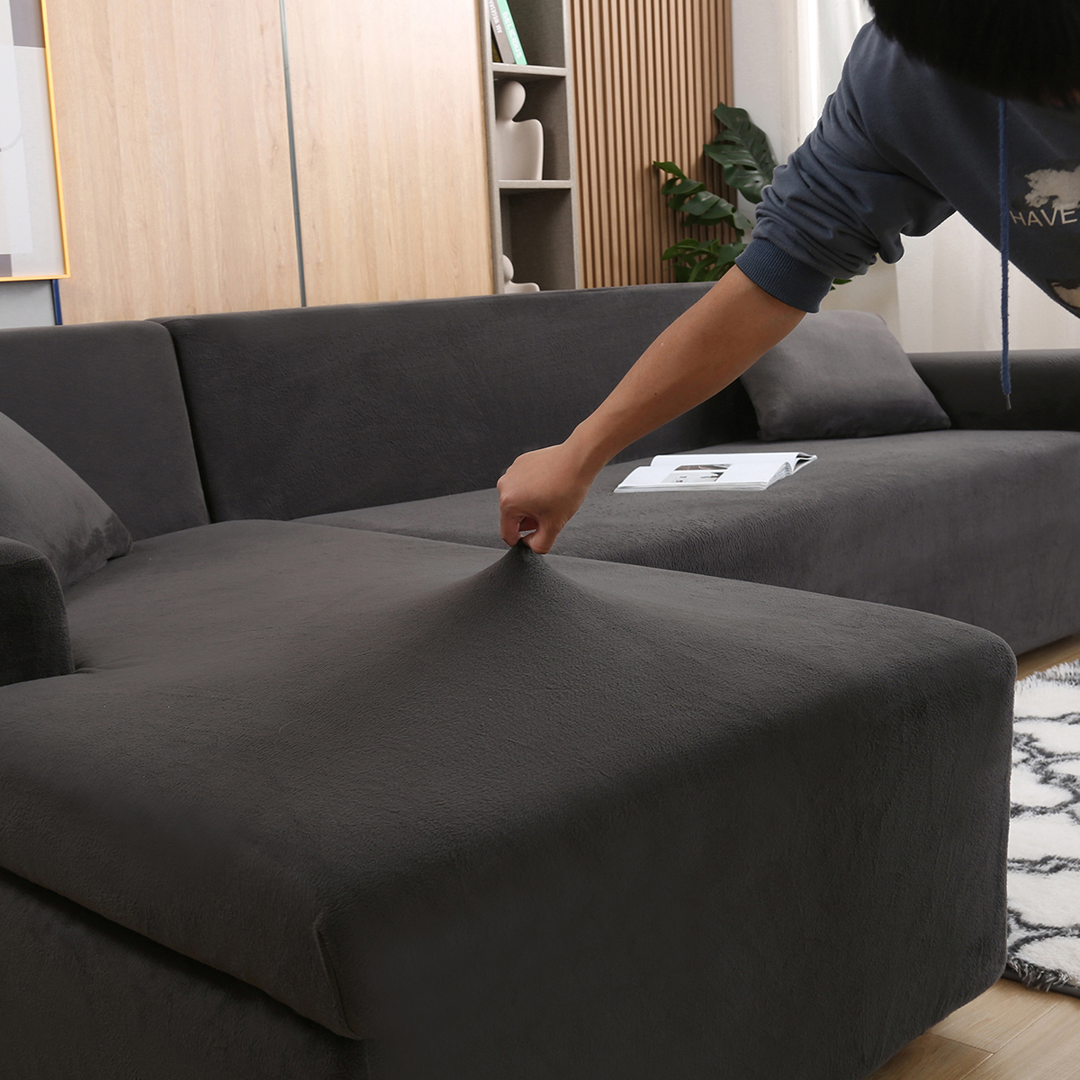 Eurhowing Sectional Couch Covers L-Shaped Sofa Covers, Velvet Super Stretch 2Pcs Sofa Slipcovers for 3 + 3 Seaters, Softness Corner Couch Cover, Dark Gray