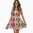 thumbnail image 2 of Colorful Sprinkled Donuts Women Dress V-Neck Short Sleeve Flowy Swing Party Midi Dress, 2 of 4
