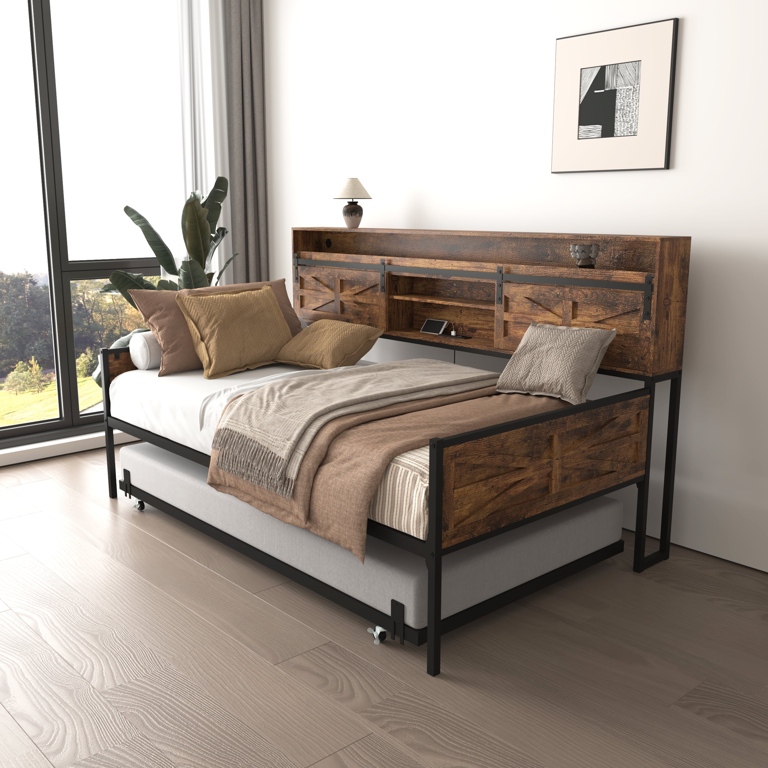Mintazer Farmhouse Twin Bed Frame with Trundle & RGB LED Headboard, Platform Daybed with Sliding Barn Door Storage for Bedroom & Living Room, Brown