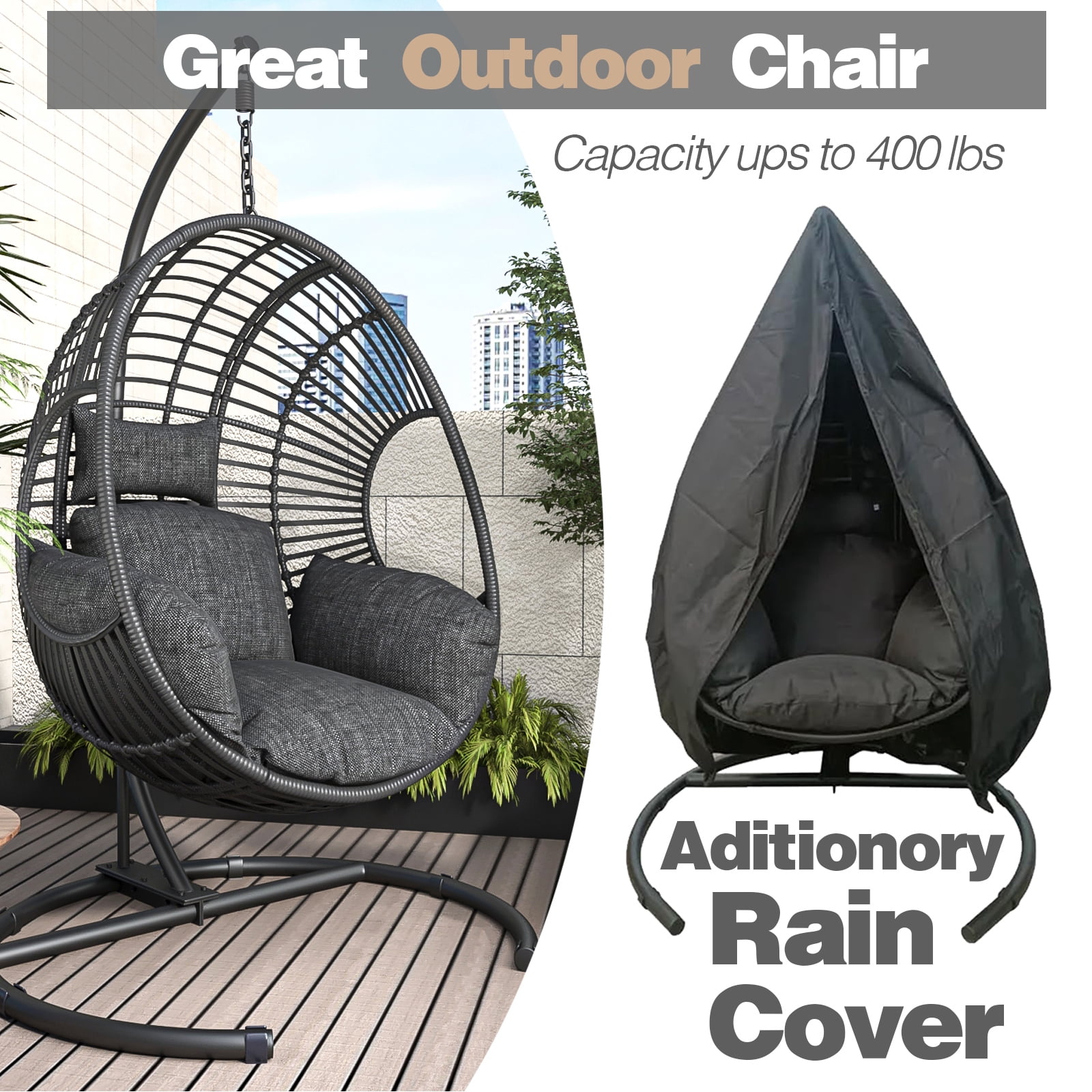 CHINNLUU Oversized Hanging Egg Chair with Stand, Outdoor Indoor Wicker Swing Chair with UV-Resistant Cushions and Rain Cover, 400lbs Capacity Patio Hammock Chair for Backyard, Balcony, Black