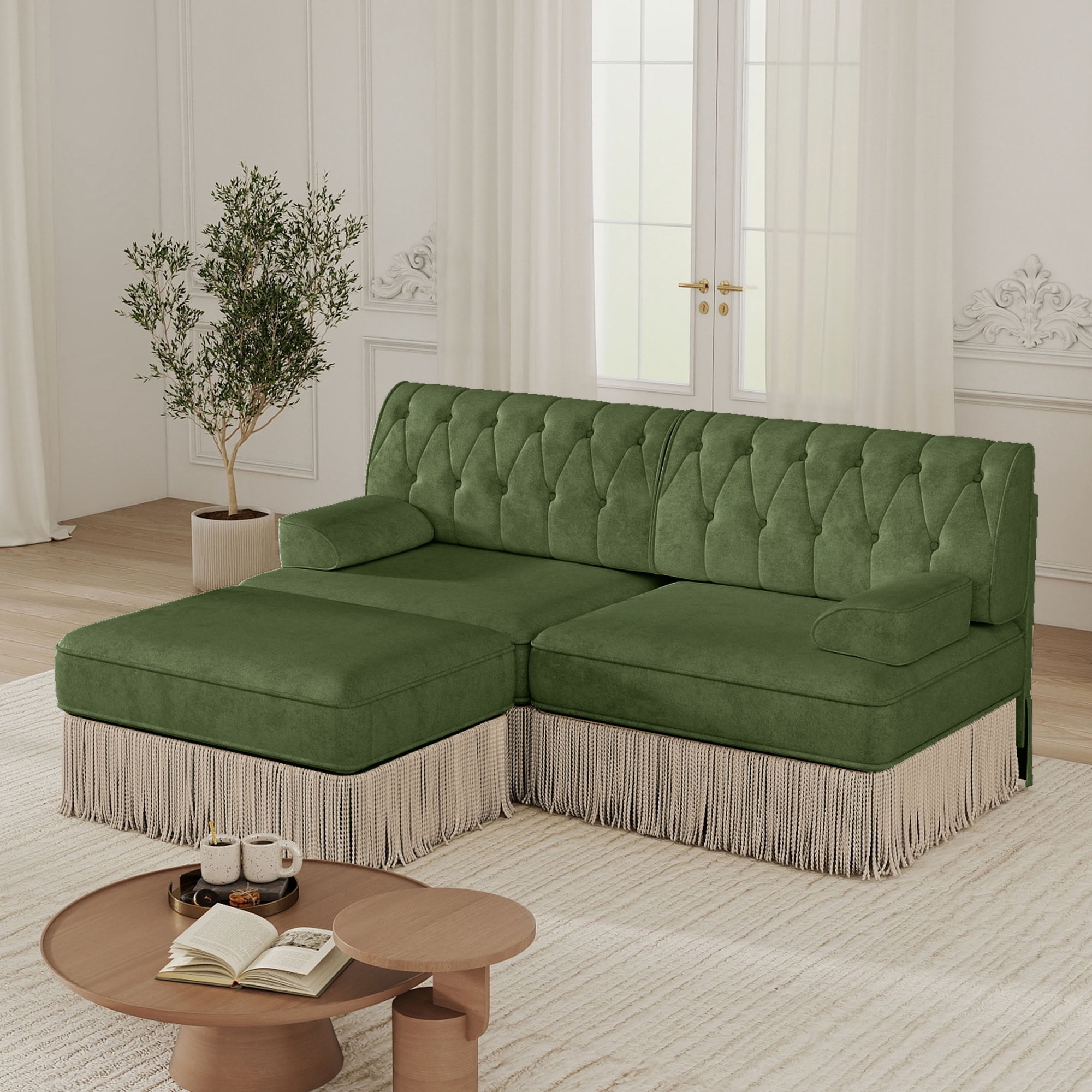 MAYEERTY L-Shaped Chesterfield Sofa, Modular Couch with Tassel & Ottoman, Solid Wood Base for Living Room Bedroom