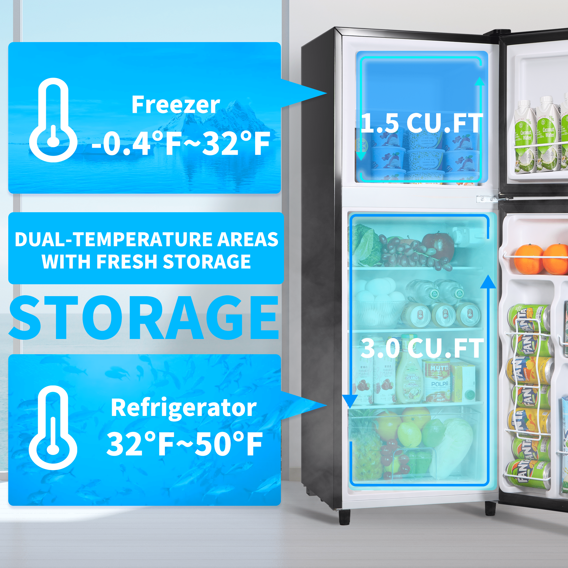 CALLIEVER 2 Door with Freezer Mini Fridge,4.5 Cu.ft Compact Refrigerator,Mini Refrigerator for Kitchen Apartment and Office,Dark Grey