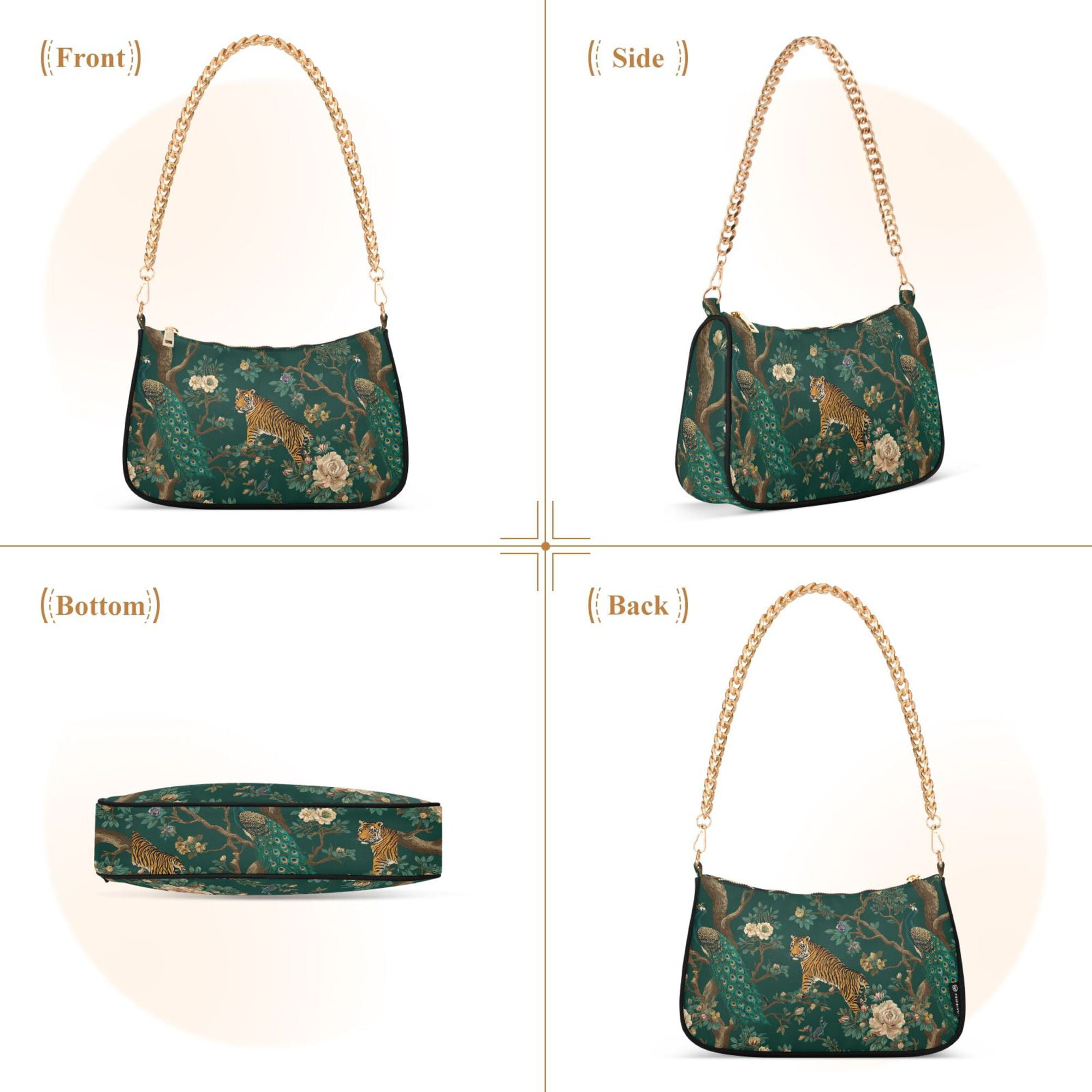 FORMRS Womens Shoulder Bag with Chain Strap Clutch Purse Cute Tote Handbag, Tiger and Peacock Pattern
