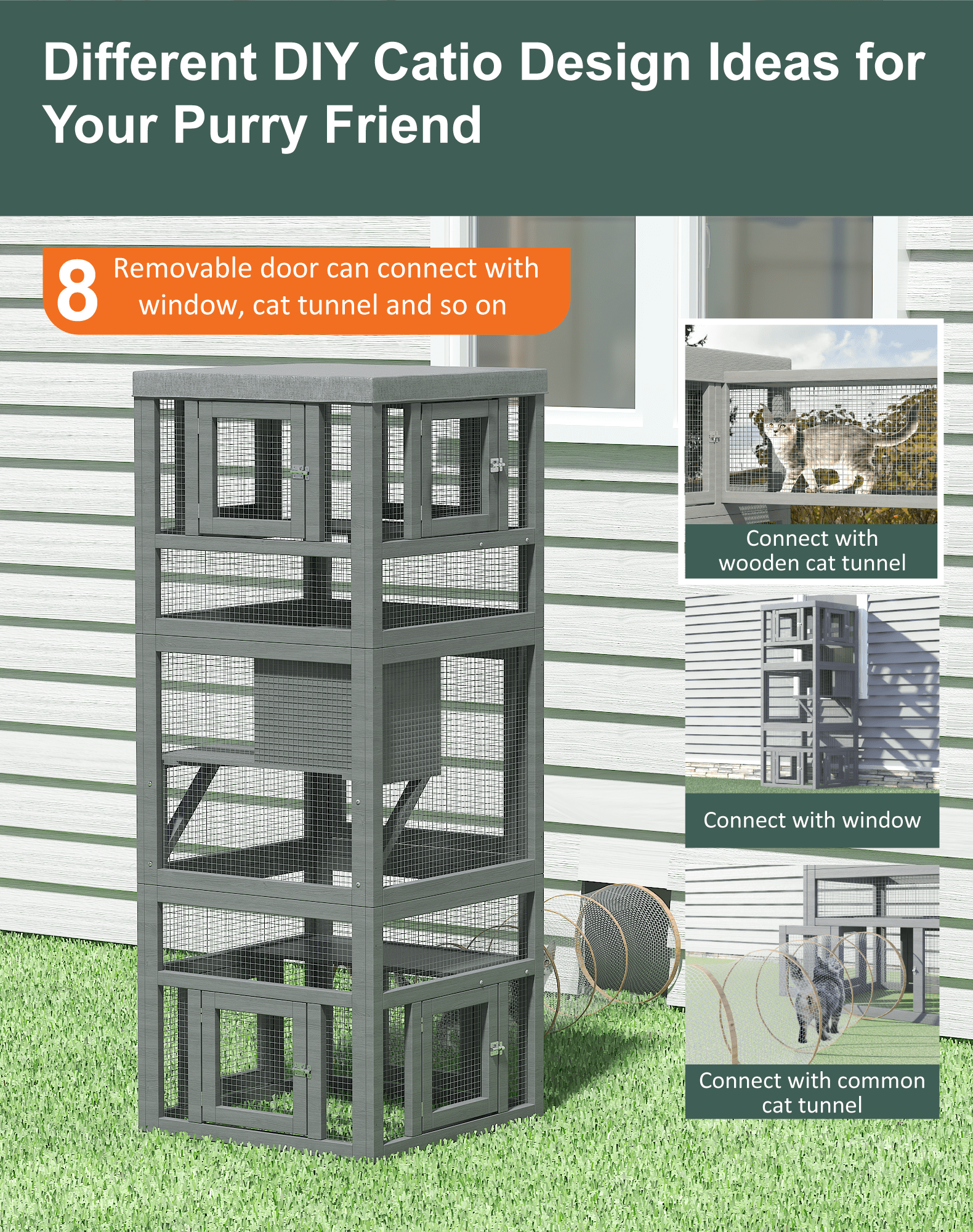 TIMHAKA Catio Outdoor Cat Enclosure, 3 Tiers Cat Enclosure w/ Platform, Resting Box & 8 Removable Door can Connect w/ Cats Tunnel, DIY Wood Cats Cage
