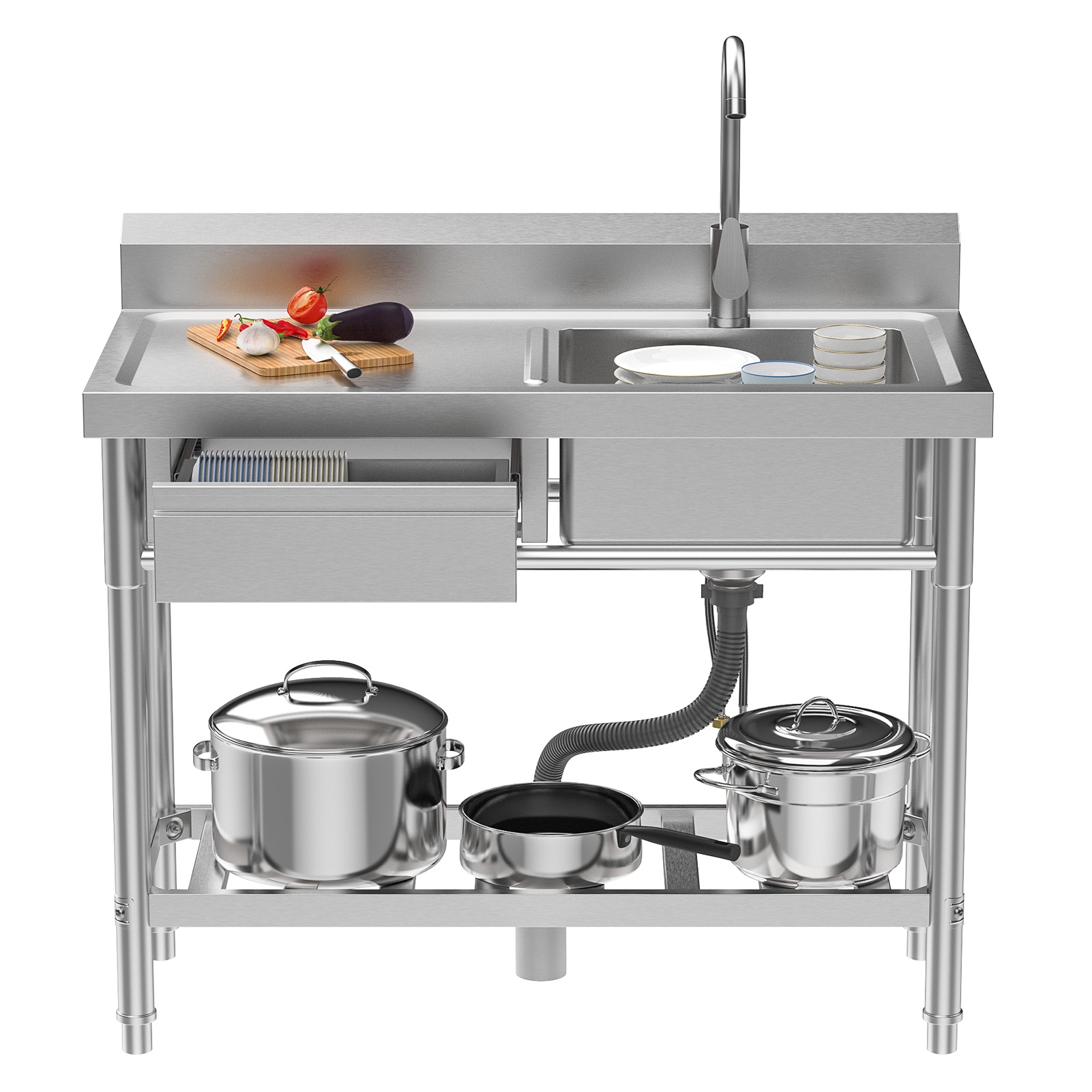 Wliqien 39-Inch Stainless Steel Sink with Drawer, Bottom Shelf, Free Standing Utility Sink with Cold Hot Water Faucet Hose, Single Bowl Sink for Indoor, Outdoor, Kitchen, Laundry Room