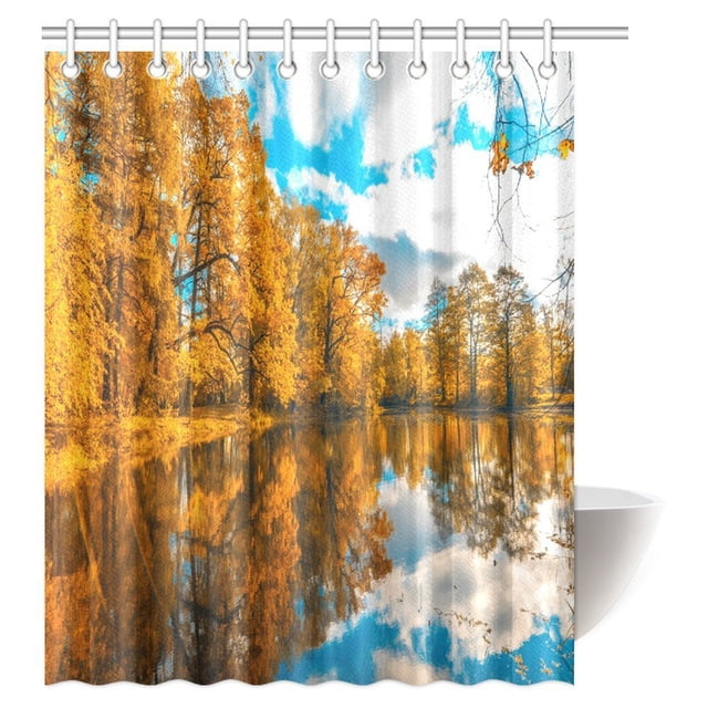 ABPHQTO Lake House Decor Decor Juego de cortinas de ducha Paisaje de lago y cielo Nube Autunm Trees Belleza natural Tela Baño Cortina de ducha 150x180 cm