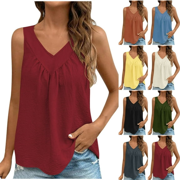 pstuiky Sleeveless Tops for Women, Fashion Womens Summer Casual Solid Color Loose V Neck Tank Top Breathable Lightweight Sleeveless Shirt for Women Casual Wear or Beach Outfit Beige L