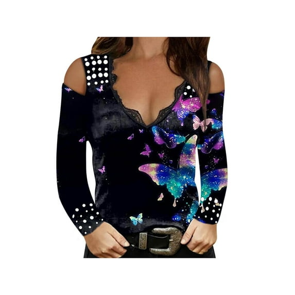 Women Cold Sleeve Shoulder Tops Blouses Sexy V-Neck T-Shirt Rhinestone Blouses Clubwear Casual Fashion Rose Pattern Clothing