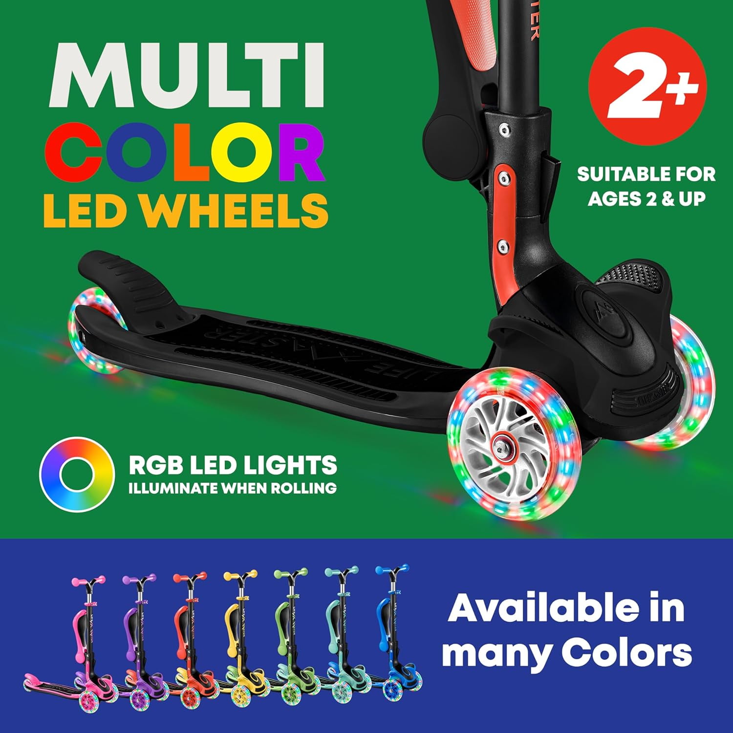 Kids Scooter – Foldable Seat – LED Wheel Lights Illuminate When Rolling – Children and Toddler 3 Wheel Kick Scooter – Adjustable Handlebar – Indoor and Outdoor- Black - by Lifemaster