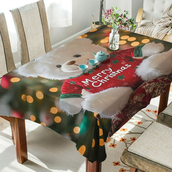 BZSMCE Square Tablecloth Christmas White Toy Bears Pattern Tableclothes