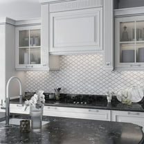 Elysian 9 x 10 in. Polished Soft White, Gray Bianco Carrara marble Mosaic Fan, Scalloped Tile (3.06 sq ft/case) - 5 Pack