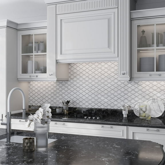 Elysian 9 x 10 in. Polished Soft White, Gray Bianco Carrara marble Mosaic Fan, Scalloped Tile (3.06 sq ft/case) - 5 Pack