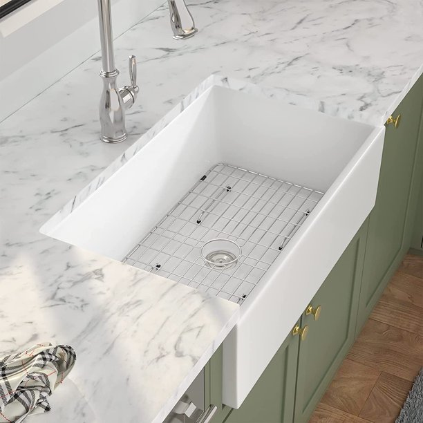 White Farmhouse Sink JSTCL 33" Farm Kitchen Sink Undermount Flat