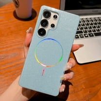 for Samsung Galaxy S25 Case Glitter, Sparkly Bling Magnetic Compatible with Magsafe Anti-Scratch Slim Phone Case for Women, Girly Cute Shiny Bright TPU Frame Hard Plastic Back Cover, Blue