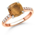 thumbnail image 2 of Gem Stone King 10K Rose Gold Brown Tiger Eye and White Lab Grown Diamond Engagement Ring for Women (2.20 Cttw, Cushion Cut 8MM, Gemstone Birthstone, Available in Size 5, 6, 7, 8, 9), 2 of 4