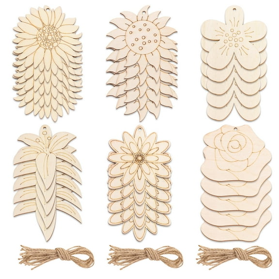 Sekonow 30 Pack Unfinished Wood Crafts to Paint, 6 Styles Wooden Ornaments Hanging Wood Cutouts, Rose Lily Sunflower Chrysanthemum Peach Blossom Shape DIY Crafting, Flower