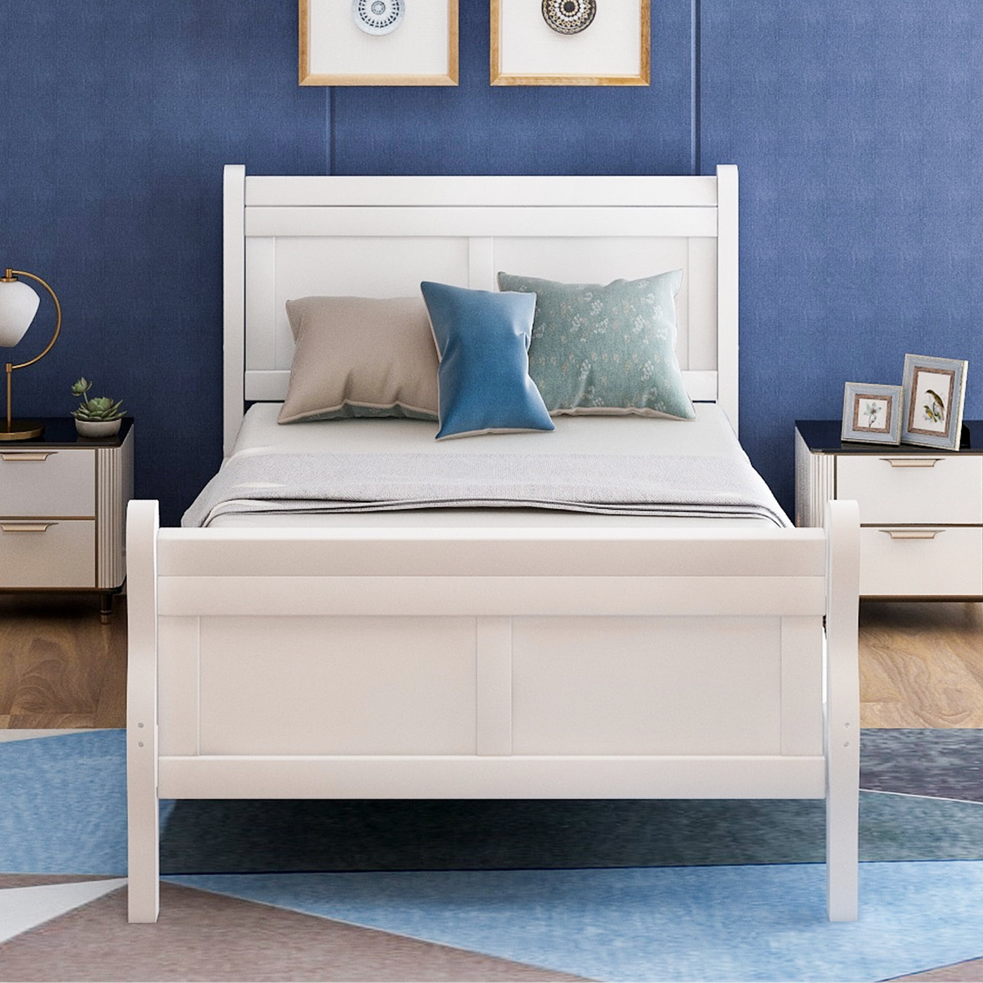 White Wood Twin Bed Frame with Headboard and Footboard, No Box Spring