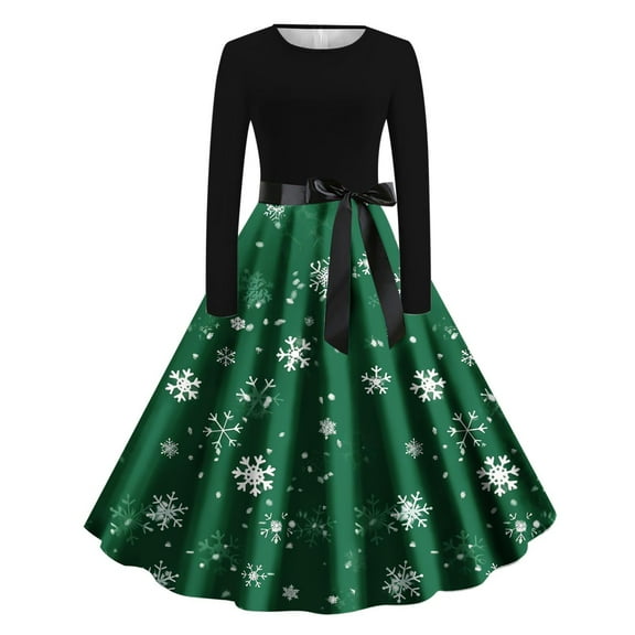 Lorytime Christmas A Line Dress for Women Fall Snowflakes Crew Neck Elegant Dresses Long Sleeve Party Dresses with Belt