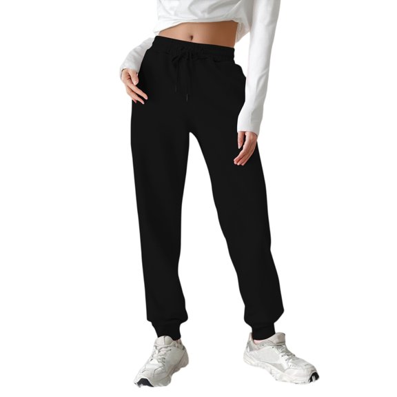 TQWQT Sweatpants Women Wide Leg Pants Trendy Summer Drawstring Pants High Waisted Plus Size Joggers Baggy Lounge Pants with Pockets Black L