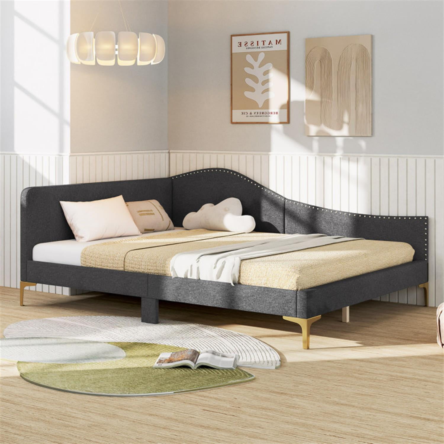 Demi Bonn Full Size Rivet-Tufted Daybed with Metal Legs and Wood Slats, Platform Bed Frame for Living Room, Bedroom and Guest Room, Gray