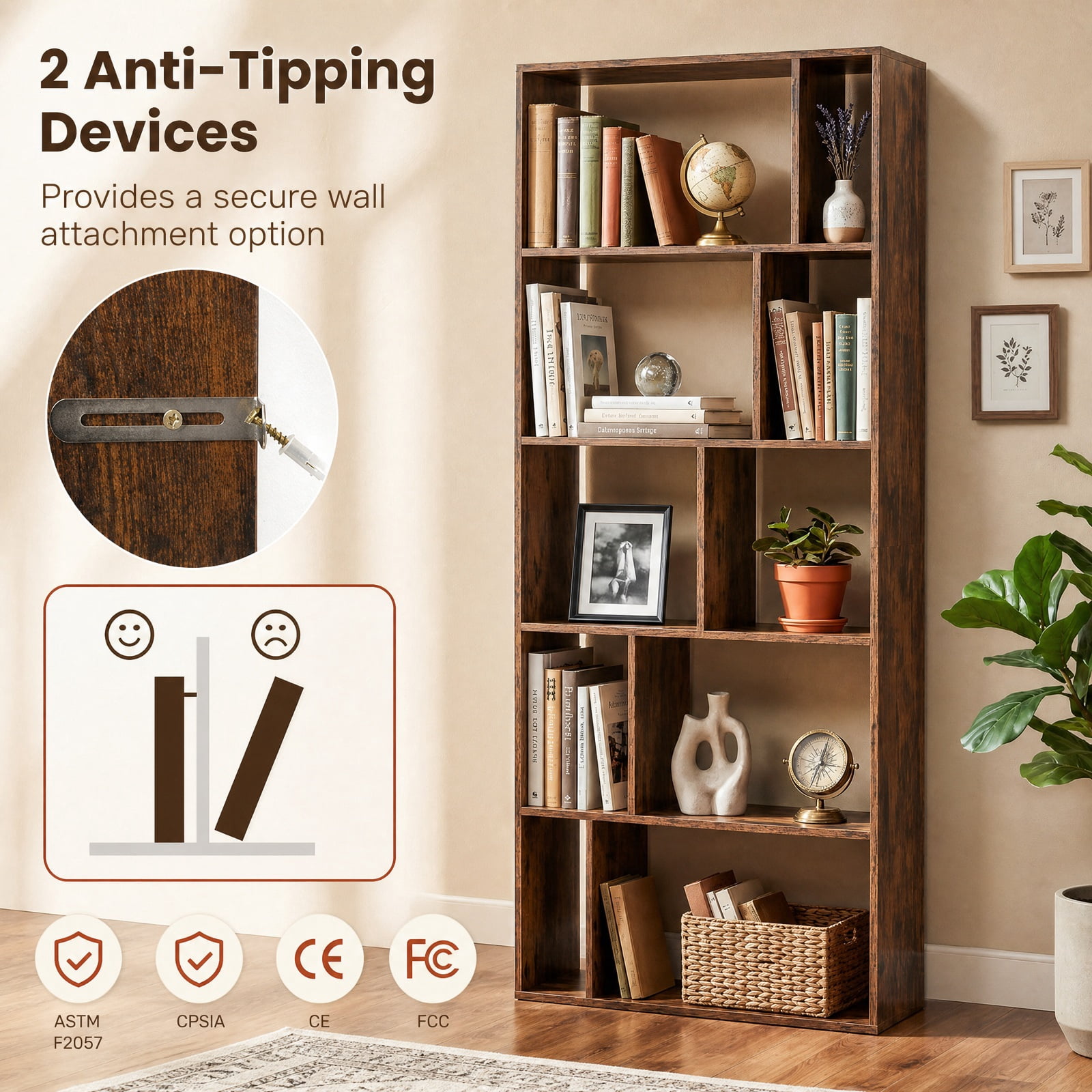 Furnibear 5-Tier Modern Bookshelf with Open Back and 2 Anti-Tipping Kits for Living Room Home Office Bedroom Display Storage Shelf, Brown