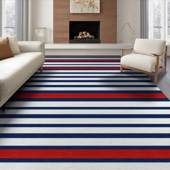 ODIKA 8'x10' Washable Area Rug Durable, Non-Slip Nautical Striped With Bold Horizontal Bands And Accent Lines for Living Room, Under Sectional, Family