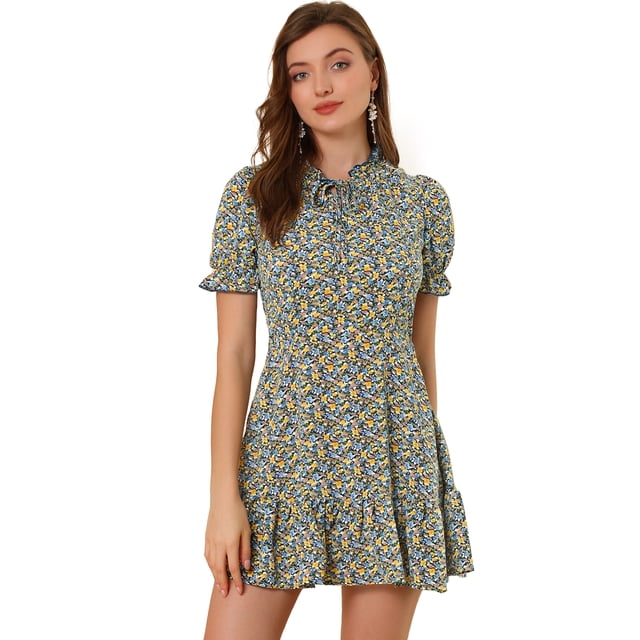 Vestido De Manga Abullonada Corta De Gasa Con Pajarita Floral Con Volantes Para Mujer Azul oscuro XS