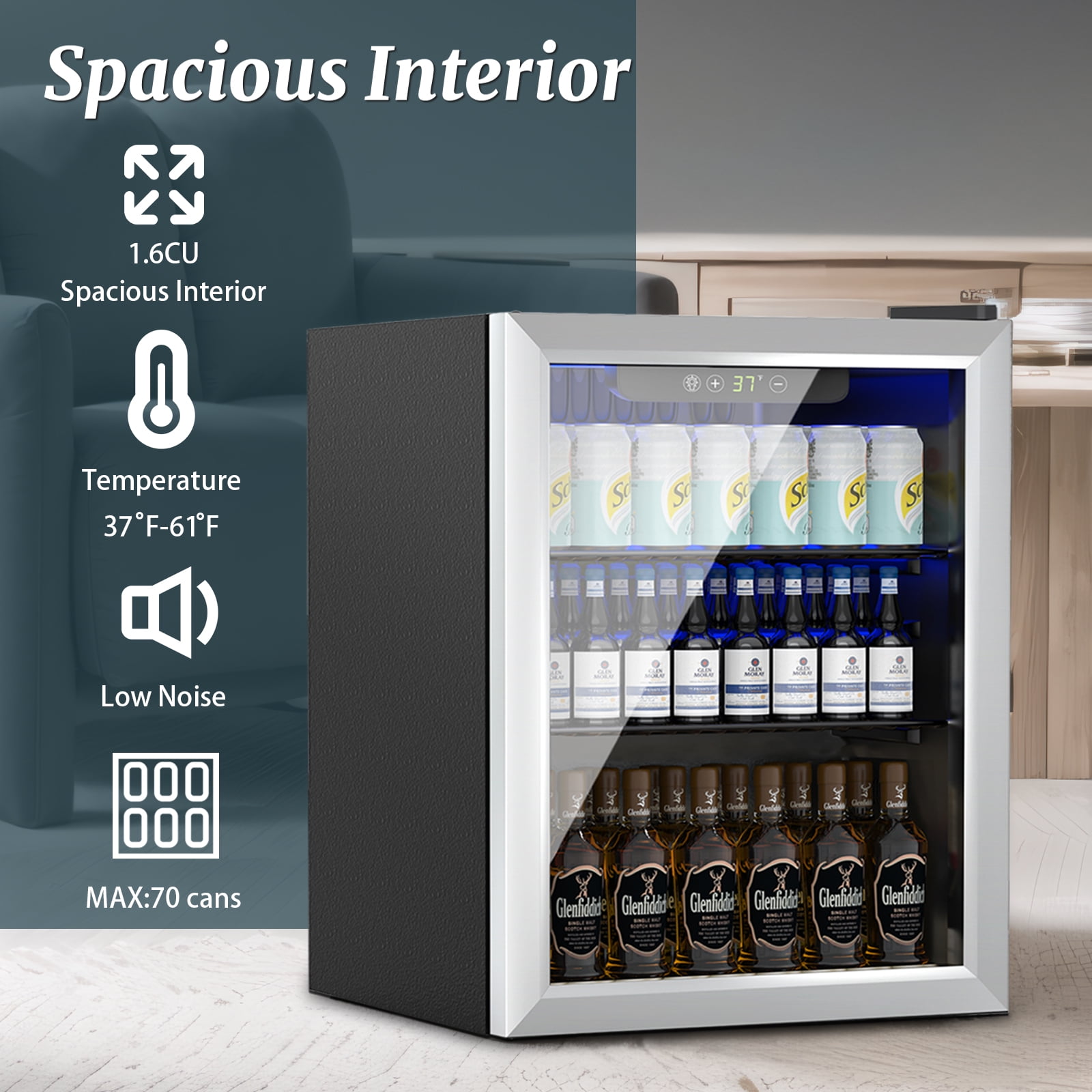Compact 76 Can/1.7 Cubic Foot Beverage Fridge With Glass Door For Soda, Beer Or Wine, Under Counter Drinks Dispenser