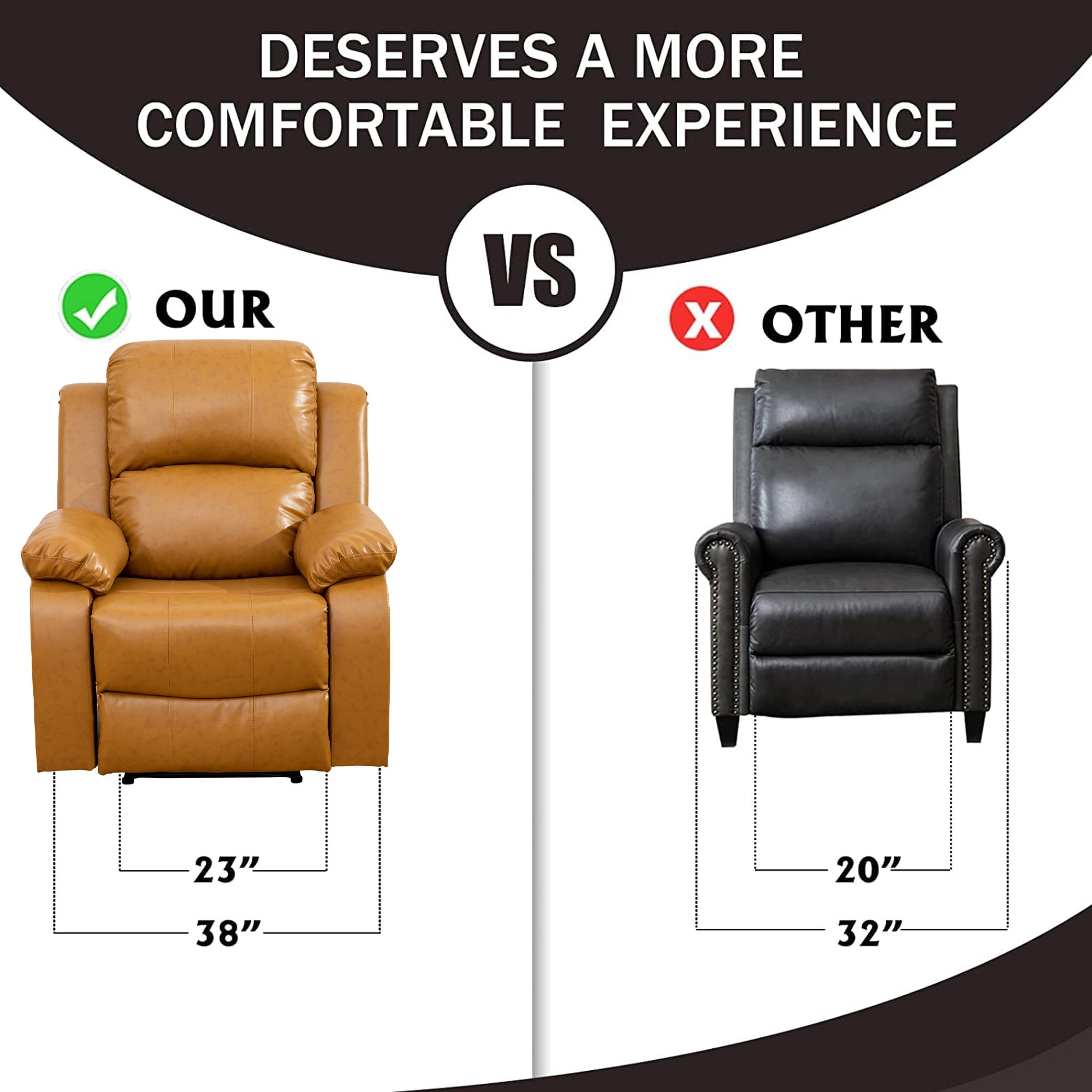 Aukfa Leather Recliner Chair, 38" Overstuffed Armchair Living Room Read Chair for Adults, Ginger