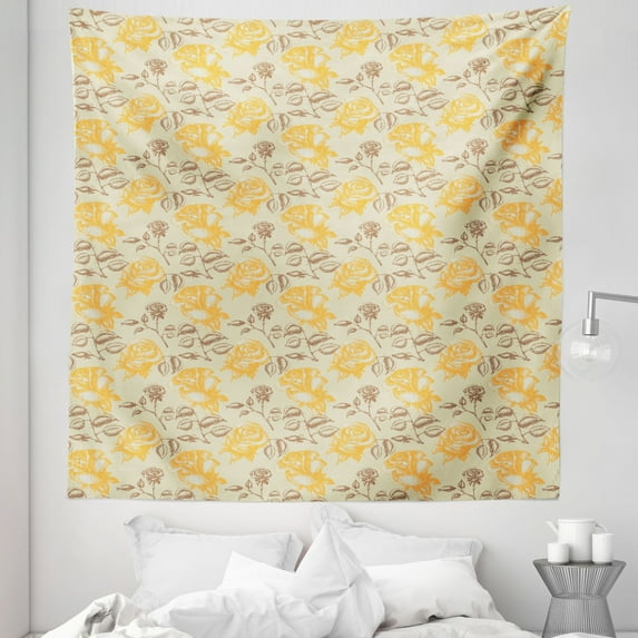 Vintage Yellow Tapestry, Sketch Style Romantic Roses Love Flower Valentine's Day Theme, Fabric Wall Hanging Decor for Bedroom Living Room Dorm, 5 Sizes, Brown Yellow and Beige, by Ambesonne