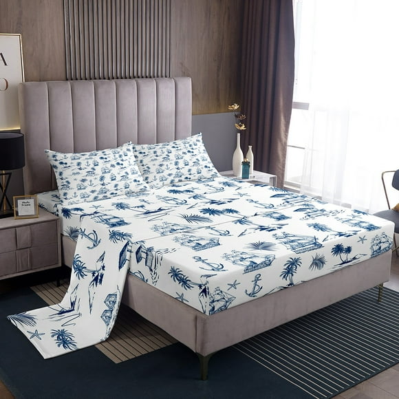 Erosebridal Palm Tree Bed Sheets Twin For Teens,Anchor Boat Bedding Sets Twin Size,Nautical Room Decorative,Lightweight,3pcs