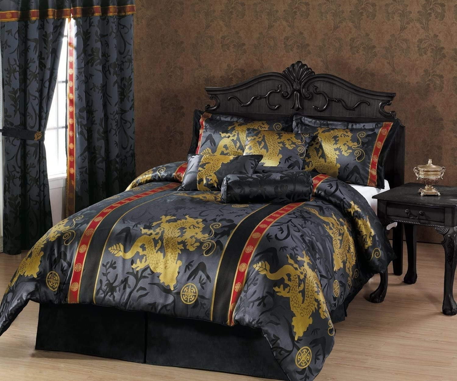 JACQUARD 7 PIECE QUILTED BEDSPREAD COMFORTER BEDDING SETS WITH EYELET CURTAINS