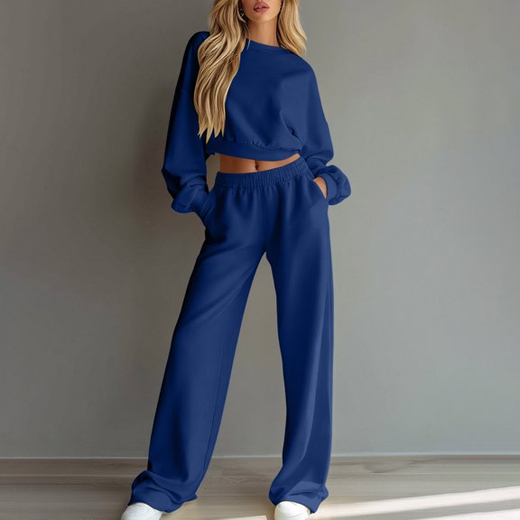 Maqroz Womens Two Piece Lounge Sets Cropped Long Sleeve Crewneck Sweatshirts Wide Leg Sweatpants Casual Matching Tracksuits Trendy Athletic Outfits
