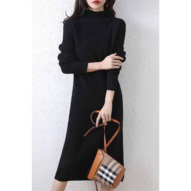 Falda larga de estilo elegante para viajeros, otoño e invierno, de color sólido, tejido con hilo, cuello alto medio, vestido de punto suave intelectual