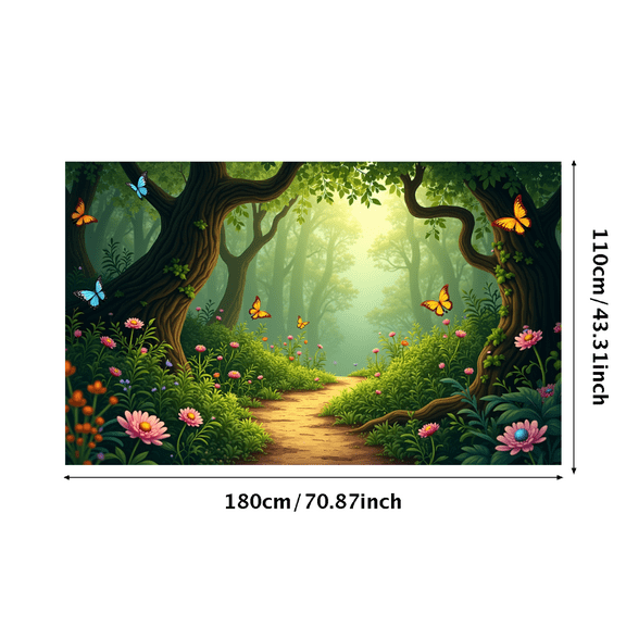 Enchanting Forest Themed Backdrop Banner with Butterflies Flowers and Pathway Party Decorations Photography Props Background for Garden Parties Outdoor Celebrations Family Gatherings and Photo Shoots