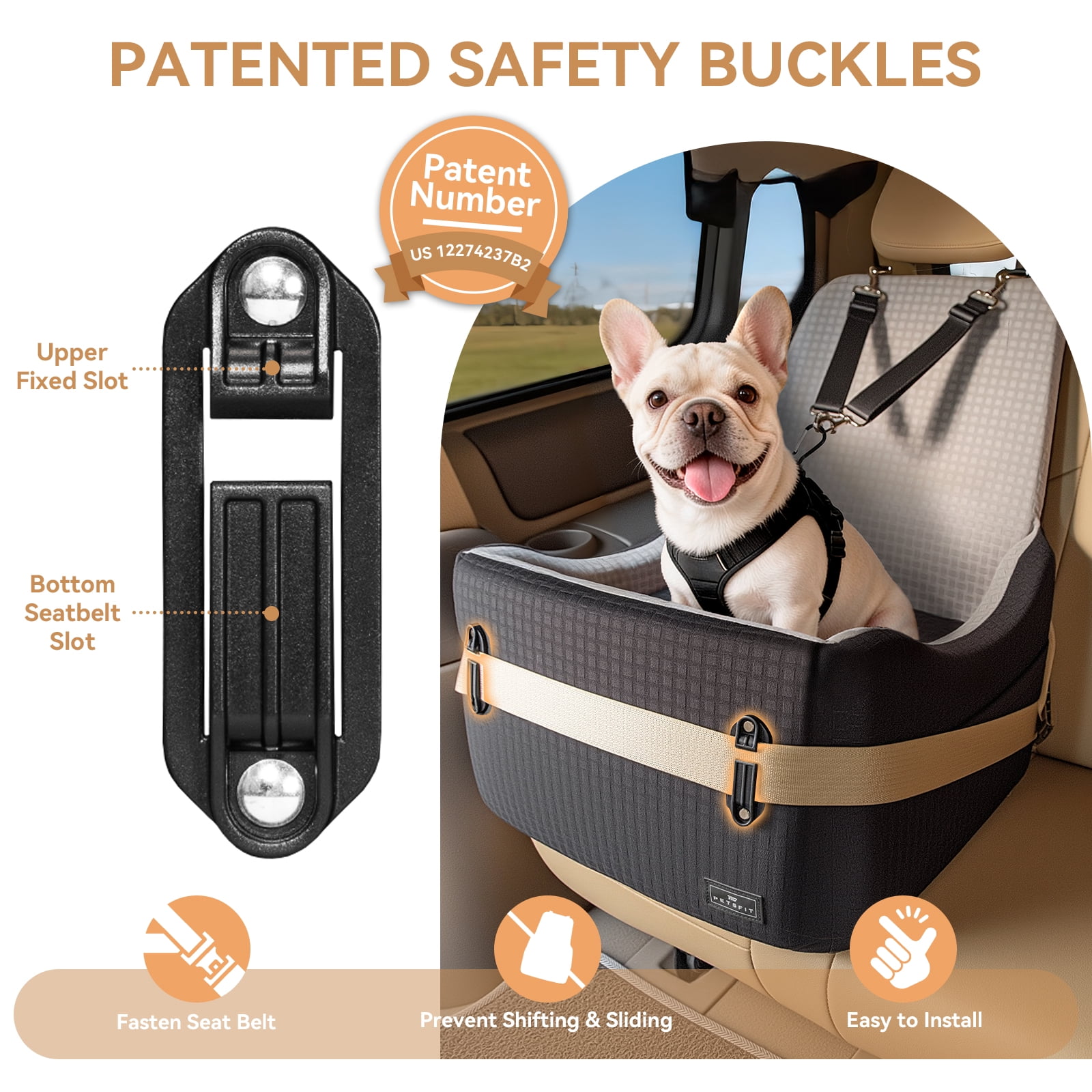 PETSFIT Dog Booster Car Seat for Small/Medium Dogs Up to 35 lbs – Patented Safety System, 6" Memory Foam Pet Booster Car Seat, Fully Detachable and Washable,2 Storage Pockets (Black & Grey)