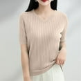 thumbnail image 2 of BRDFRL Womens Summer Casual Short Sleeve Sweater V Neck Lightweight Crochet Pullover Tops Ribbed Knit Work Tops Khaki XL, 2 of 6