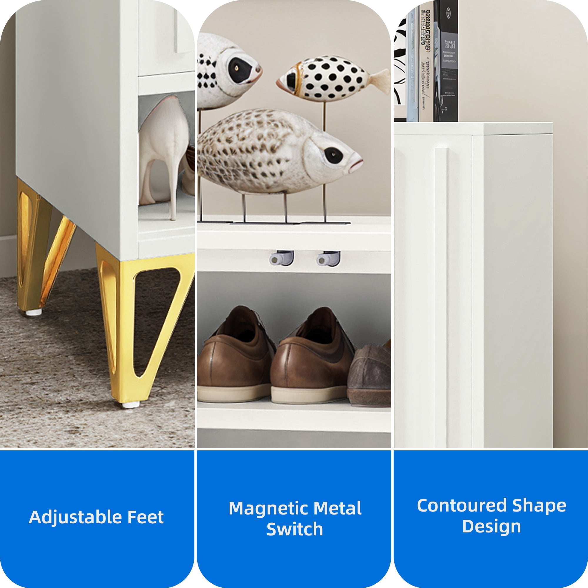 DEXTRUS Shoe Storage Cabinet with 3 Compartments, Metal Shoe Rack with Adjustable Shelves, White